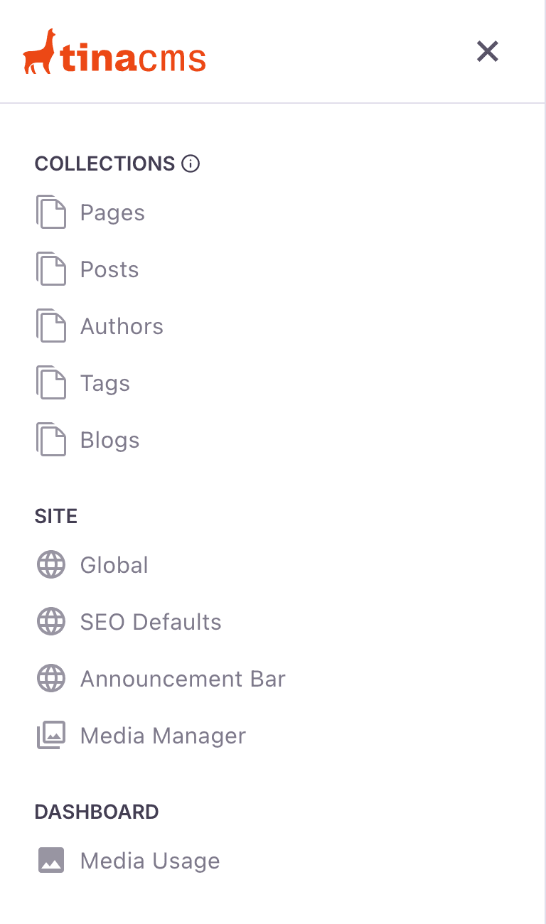 Global collections (Global, SEO Defaults, Announcement Bar) listed under the Site heading in the TinaCMS sidebar, each with a globe icon, separate from the regular Collections list above.